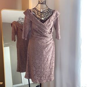 David’s Bridal Oleg Cassini Mauve Wedding Guest off the shoulder lace 10 🆕